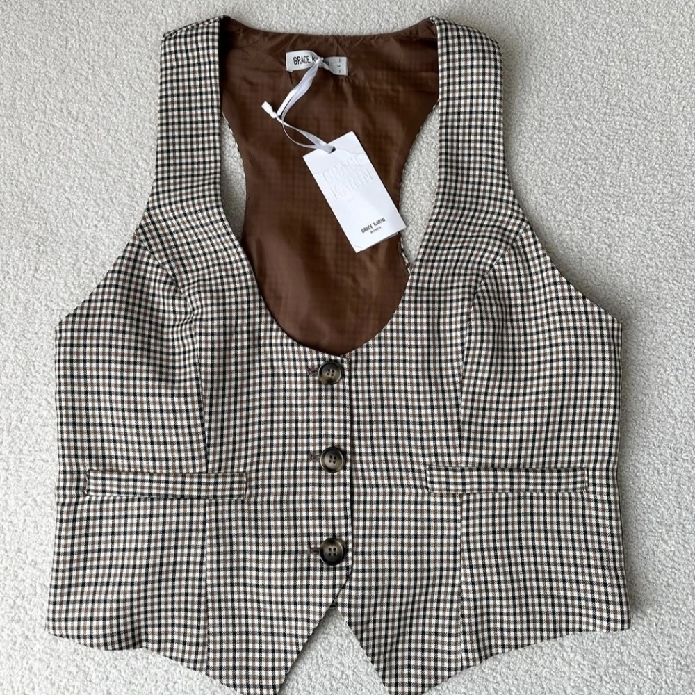 GRACE KARIN Brown Checkered Vest with Buttons